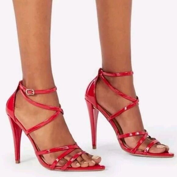 BRAND NEW JUSTBAF GLOSSY FAUX PATENT LEATHER STRAPPY STILETTO ANKLE STRAP SANDAL - Picture 1 of 16